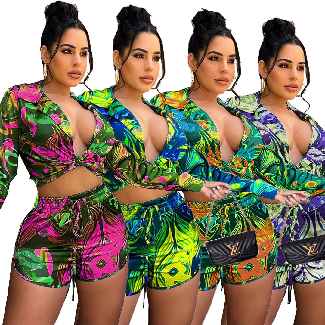 Cross-border European and American Foreign Trade women's clothing contrast color corrugated print tie long sleeve shirt elastic waist shorts two-piece set