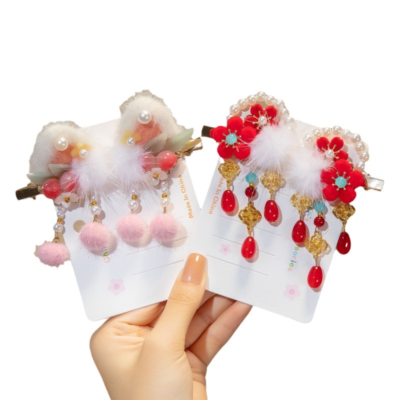 Picture of New Year Red Headwear Children's Antique Fluffy Flower Hair Ball Tassel Hairpin Girls New Year Greeting Hairpin New Year Celebration Hair Accessories