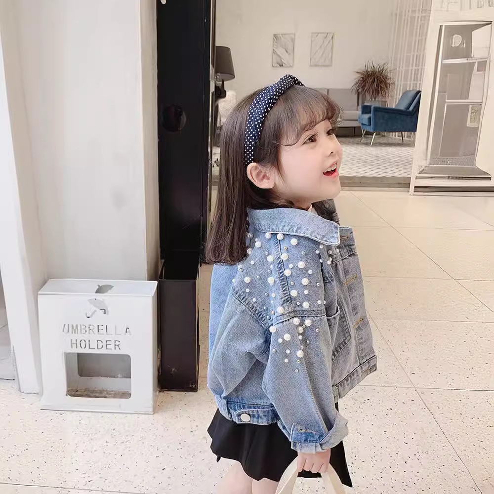 Picture of 2025 New Spring and Autumn Dress Girls Heavy Industry Beaded Pearl Pearl Denim Coat Children's Wear Girl Baby Fashion Coat