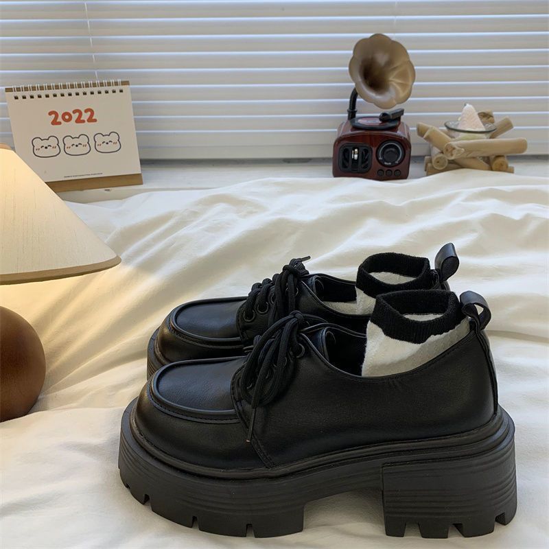 Thick-soled high-heeled leather shoes for women 2022 Autumn New retro British style student spring and autumn all-matching dress round toe