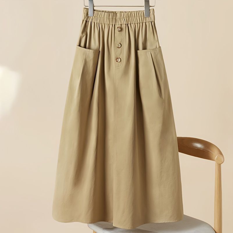 Cross-Border Washed Pure Cotton Skirt Summer New Elastic Large Flap Pocket Pants over the Knee Casual High Waist Slimming Look A-Line Skirt for Women