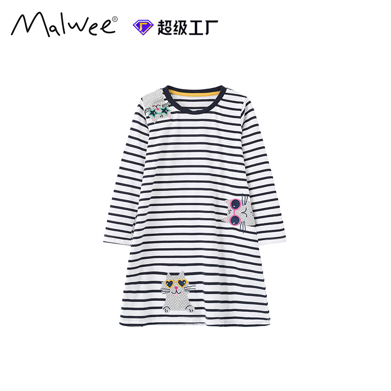 Girls' dress Autumn and Winter New European and American Large Children's Striped Long-Sleeved Casual Round Neck Princess Dress Children's Wear