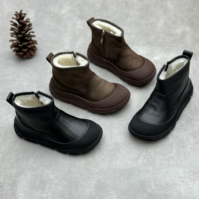Foreign Trade Handmade Fur One Genuine Leather Cotton Boots Winter New Style Baotou Flat Thickened Warm Wool Snow Boots for Women