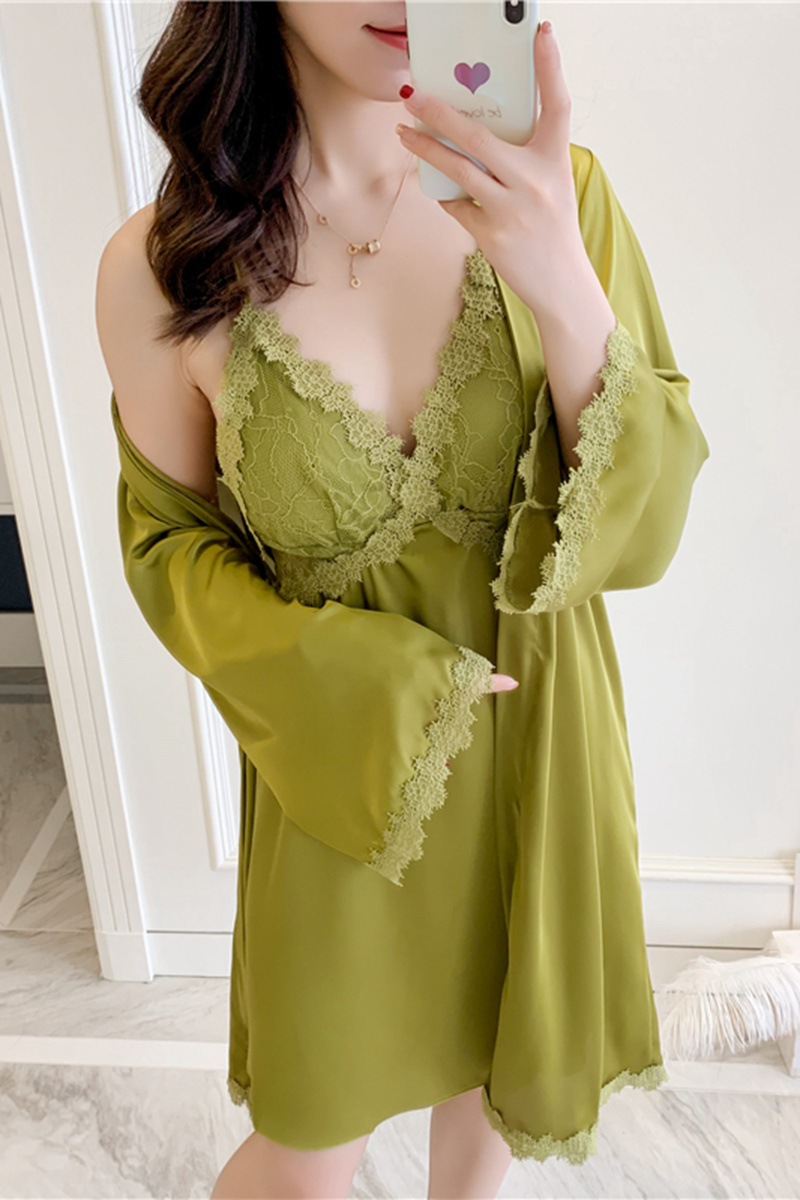 Internet Red Pajamas Women's Summer Ice Silk Sling Nightgown with Chest Pad Lace Thin High-end Spring and Autumn Nightgown Two-piece Set