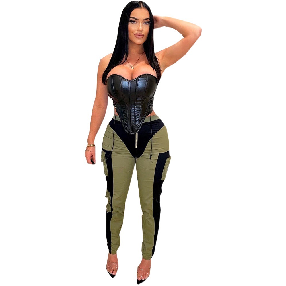 9256PD nazada Amazon women's clothing summer new sexy contrast color multi-pocket casual zipper elastic waist pants