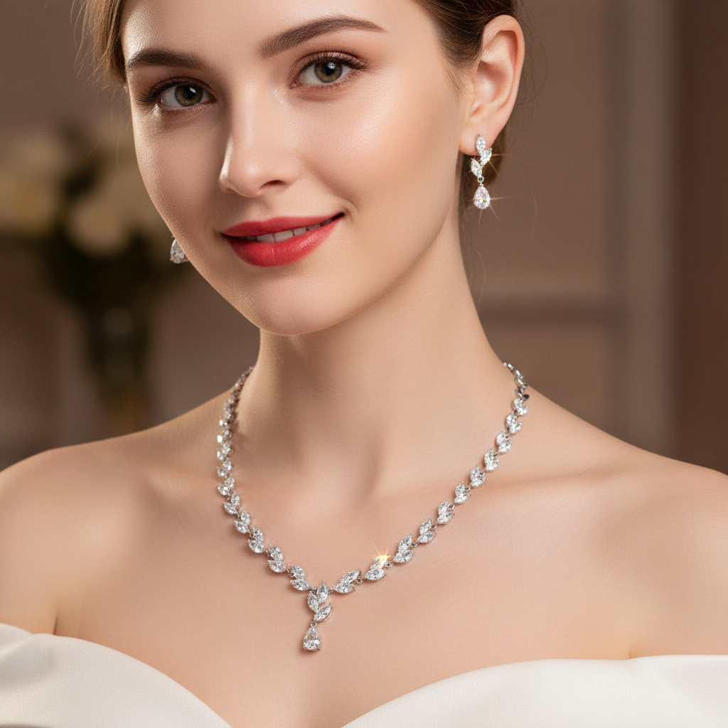 Cross-border New Korean Style Light Luxury Elegant Celebrity Style Bridesmaid Zircon suit Women Necklace Earrings Wedding Accessories Wholesale