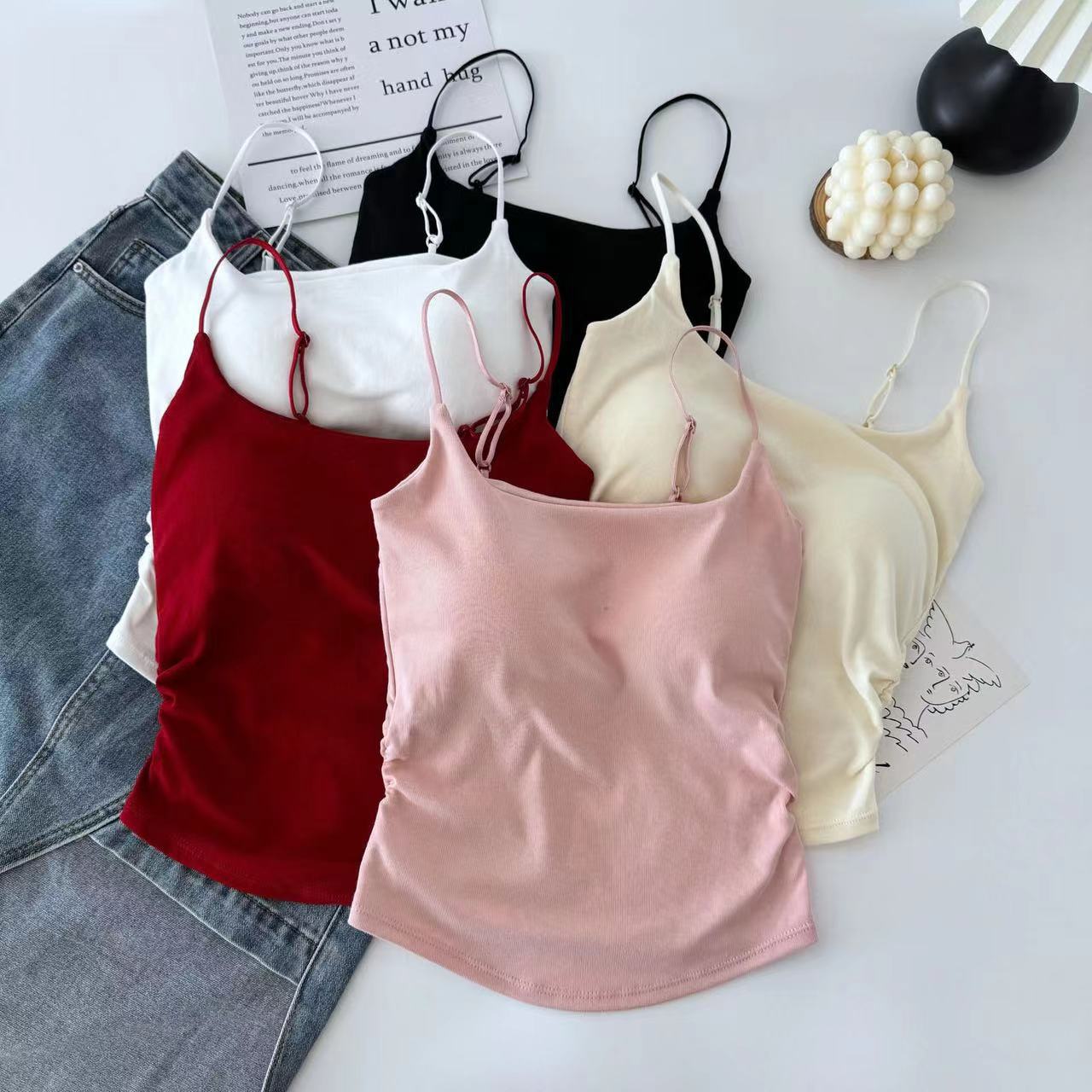 Pure Sweet and Spicy Pleated Camisole Women's Comes with Chest Pad Inner Wearing Outer Wearing Design Sense Slim-fit Beautiful Back Top