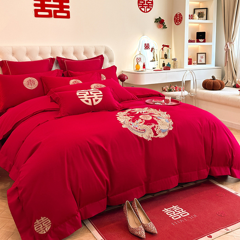 Picture of High-end European-style Wedding Four-piece Cotton Big Red Embroidered Sanding Quilt Cover Wedding Bedding Accompanying Wedding Room