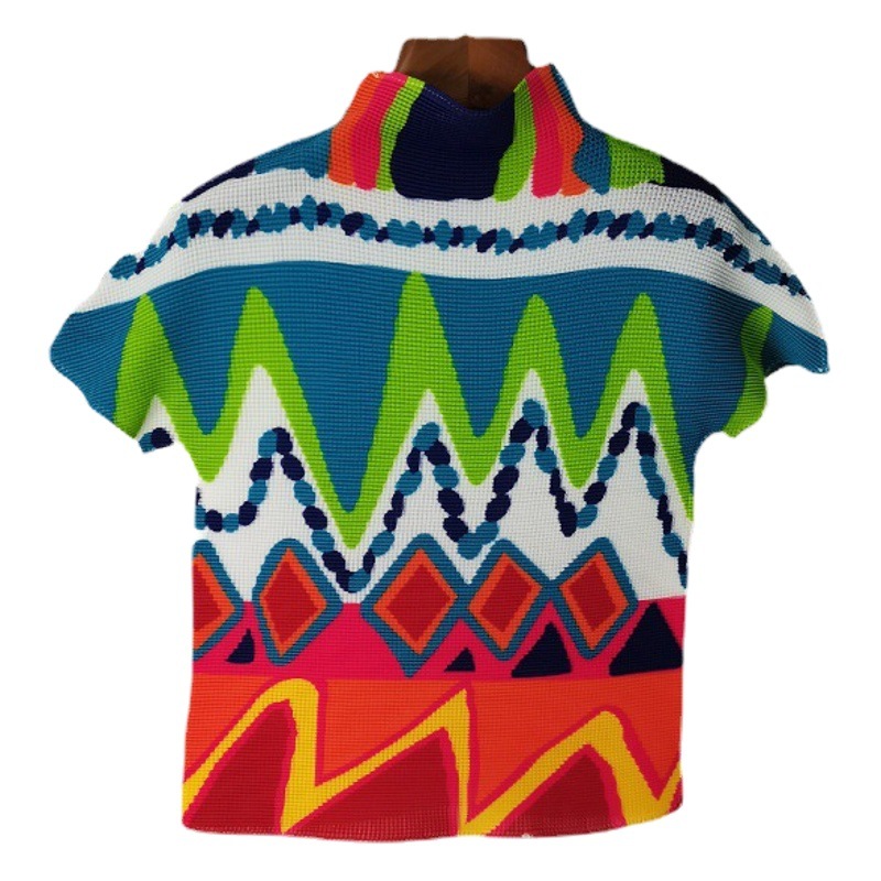 Summer New Pleated Tops for Women, Fashionable Geometric Print, Slim Fit, Miyake Thin T-Shirts, Clothes, T-Shirts