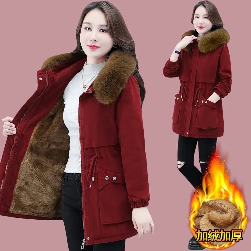 Picture of Parka mid-length cotton-padded coat winter new women's loose fleece-lined cotton-padded coat lambswool down jacket thickened coat