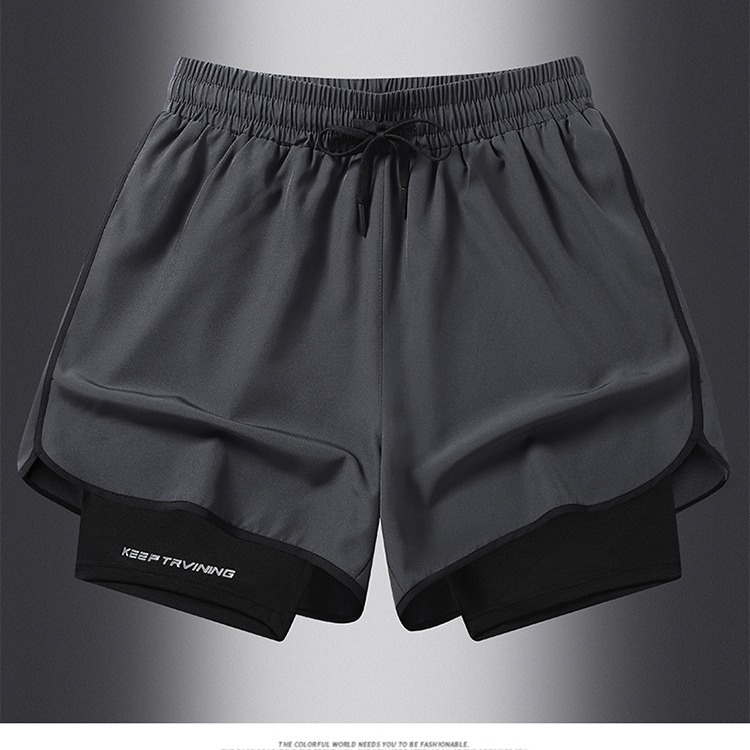 Summer Casual Sports Three-part Pants Anti-running Double-layer Couple Shorts Quick-drying Ice Silk Elastic Training Fitness Pants for Men