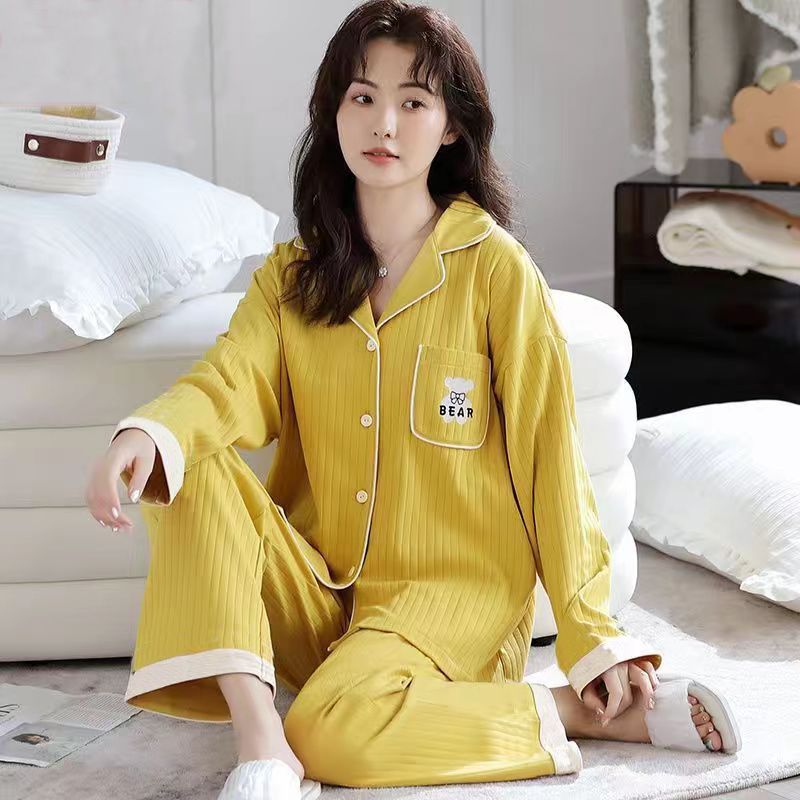 Pajamas Women's Spring and Autumn Cotton Thin Long Sleeve Outwear Autumn and Winter Cardigan Pajamas Women's Home Clothes Suit