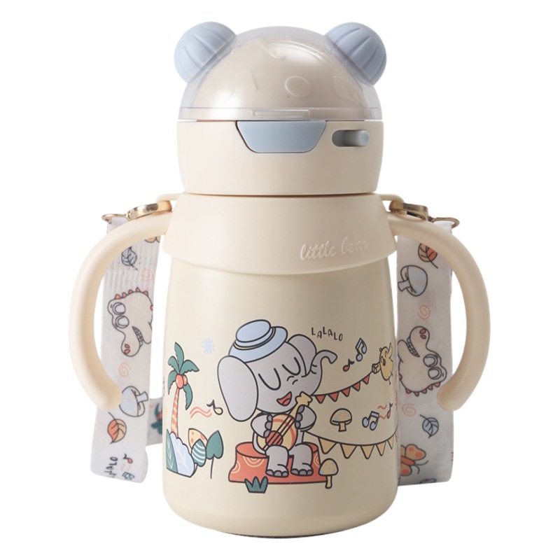 Stainless Steel Children's Thermos Cup with Gravity Ball, Can Be Used While Lying Down, Straw Cup, Handle, Strap, Cartoon Water Cup