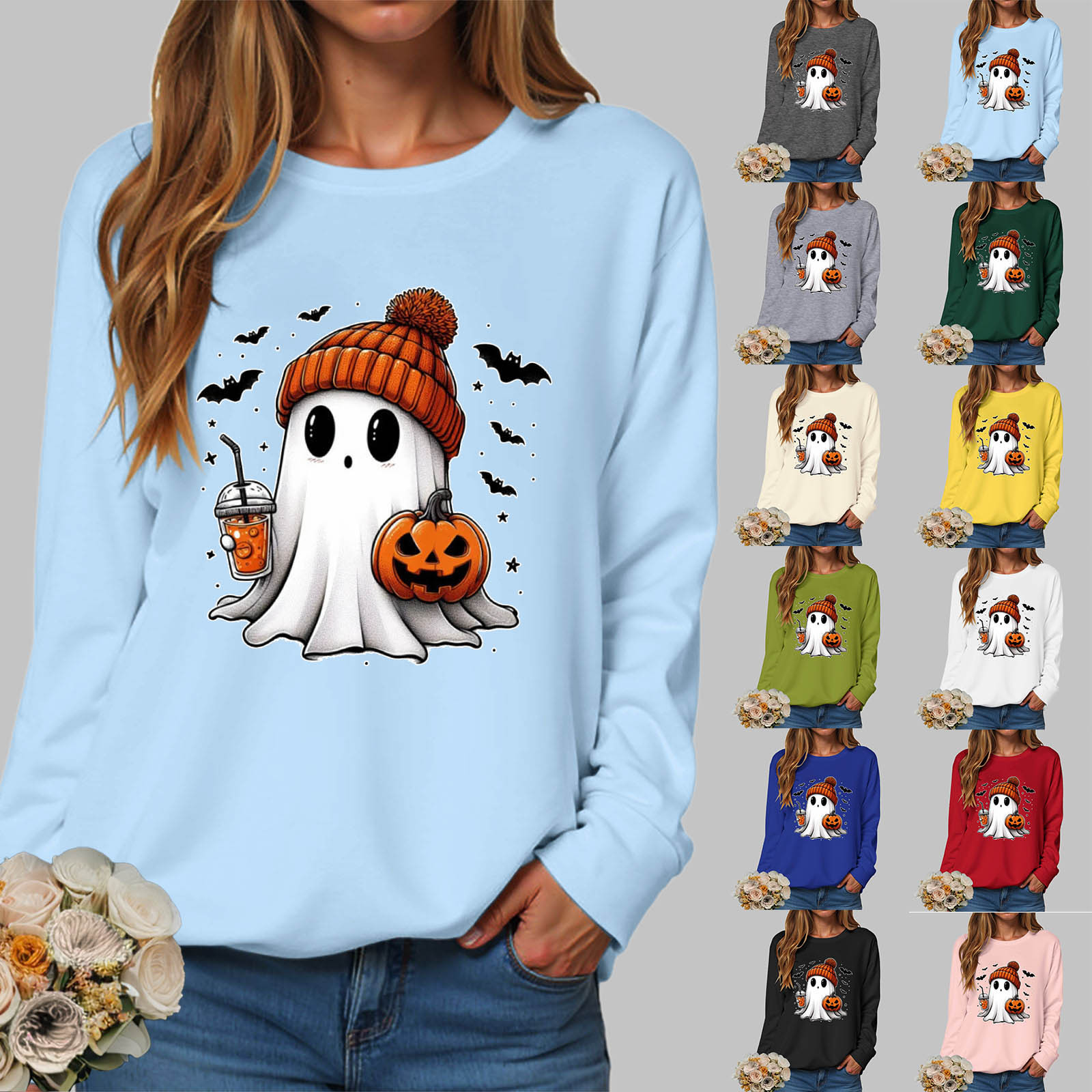 Amazon New European and American Halloween Sweatshirt Cross Border Crew Neck Loose Casual Print Long Sleeve Sweatshirt Factory Wholesale