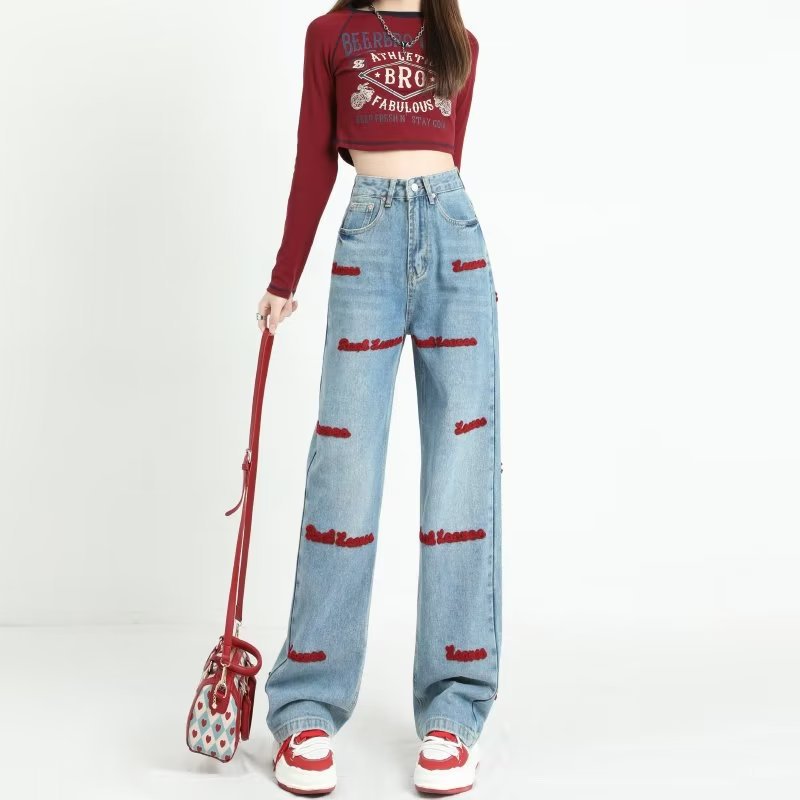 2024 New Embroidered Straight Jeans Women's Loose Wide Leg High Waist Slimming Pear Shape Niche Trendy Design