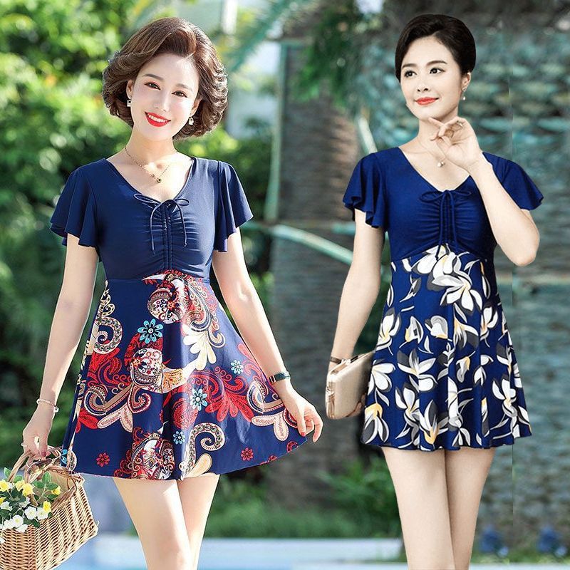 Swimsuit Women's Color Large Size One-piece Skirt Belly Covering Slimming Mother's Middle-aged and Elderly Conservative Beach Hot Spring Swimsuit