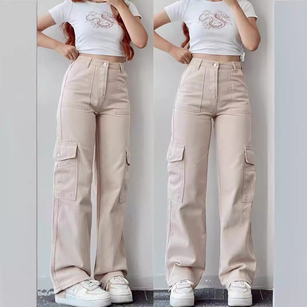 Amazon European and American New Versatile Casual Mid-Waist Three-Dimensional Pocket Long Waist-Cinching Workwear Casual American Cross-Border