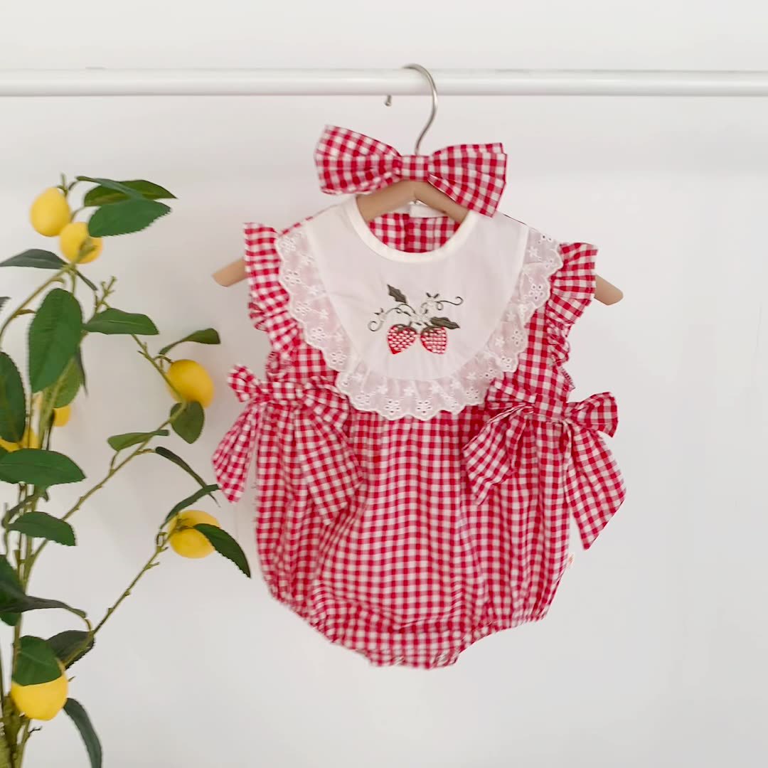 Picture of Infant Summer New Red Plaid Thin Embroidered Lace Cotton Triangle Hami Clothes for Baby Girl's one-piece climbing suit