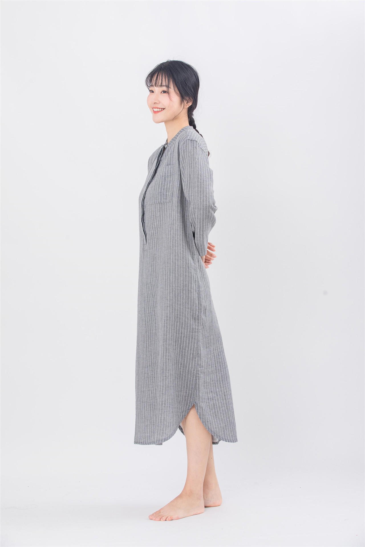 Picture of Double-Layer Gauze Nightgown, Japanese-Style Striped Plaid, All-Cotton Home Dress, Plus Size, Non-See-Through Pajamas, Pure Cotton Fabric, Breathable and Comfortable