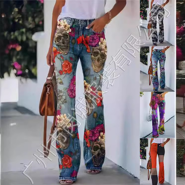 2023 Amazon European and American printed imitation jeans thin women's casual pants large size