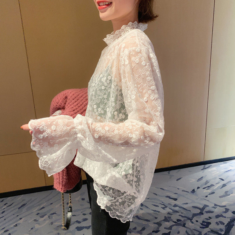 Picture of Velvet/Non-Velvet Lace Shirt for Women in Autumn and Winter New Mesh with Lace Collar Super Fairy Bottoming Top