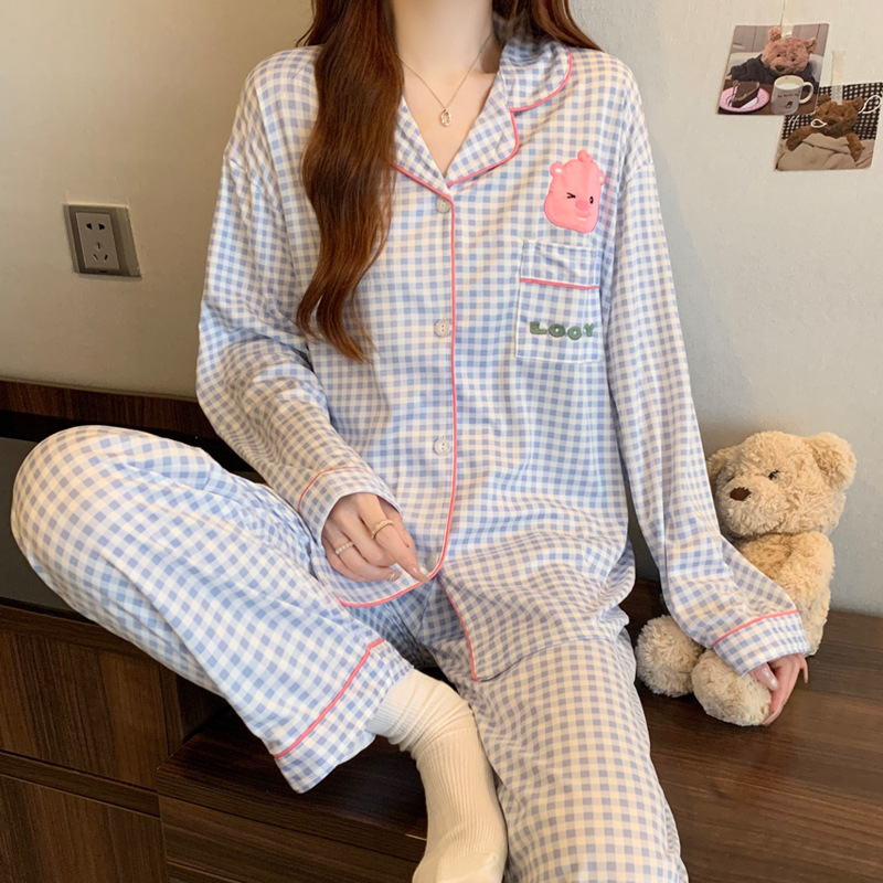 Picture of New Ins Pajamas for Women Simple Stripesd Internet Celebrity Long-Sleeved Cardigan Girl Korean Version Thin Home Wear Set Wholesale