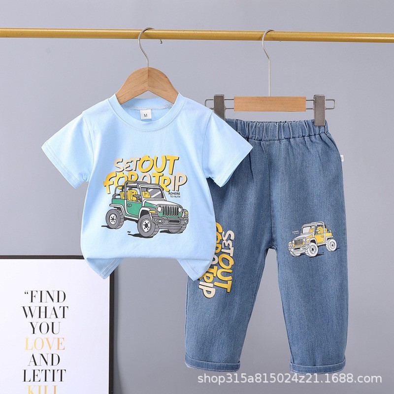 Picture of Summer 2024 new 0-5 years old children's suit cartoon car animal crew neck short sleeve jeans two piece cotton