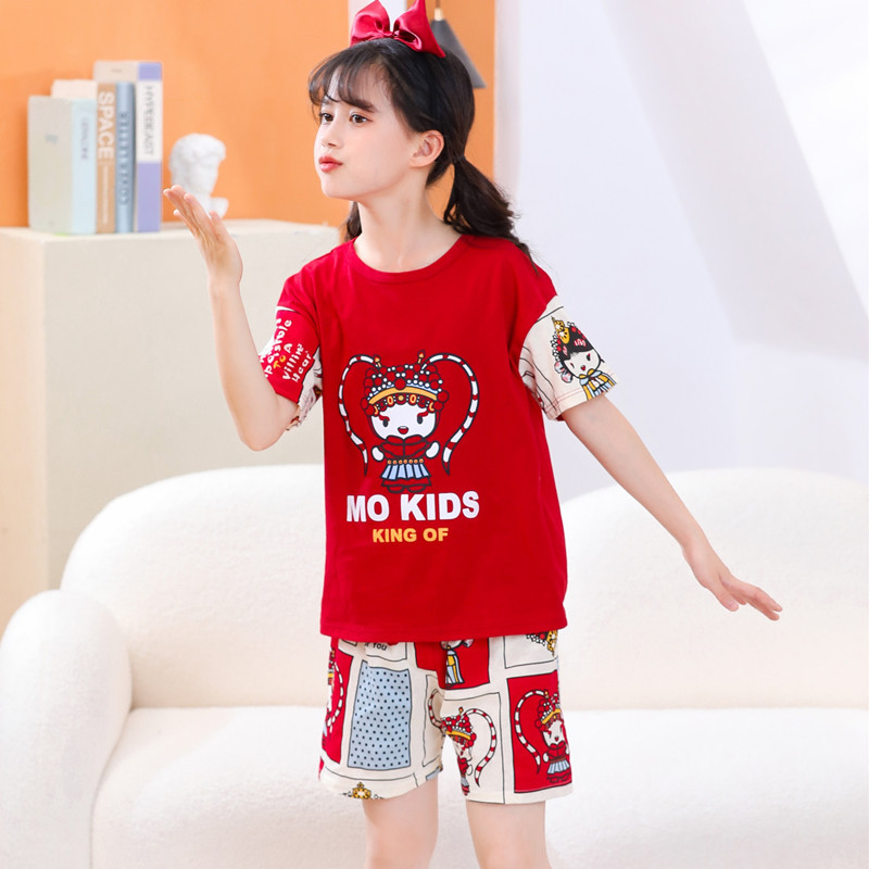 Picture of 2024 New Kidsren's Summer Short-Sleeved Suit Home Clothes Pajamas Pure Cotton Thin Air-Conditioned Clothes Princess Girls Baby