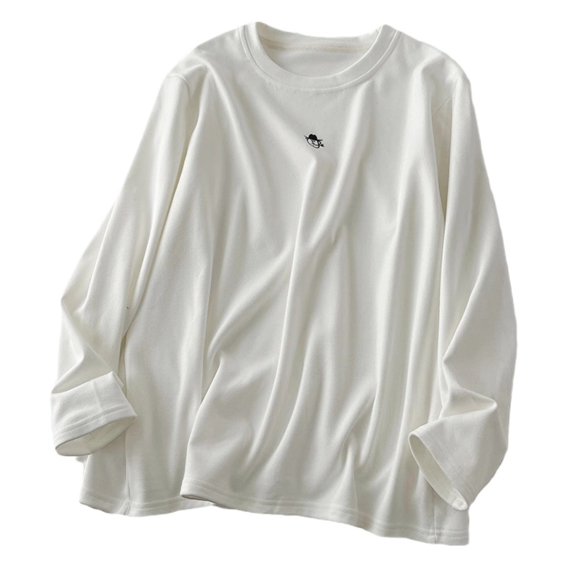Embroidered Double-sided Velvet Crewneck T-shirt Women's Clean Autumn and Winter New Loose Simple Solid Color All-match Pullover Top Trendy