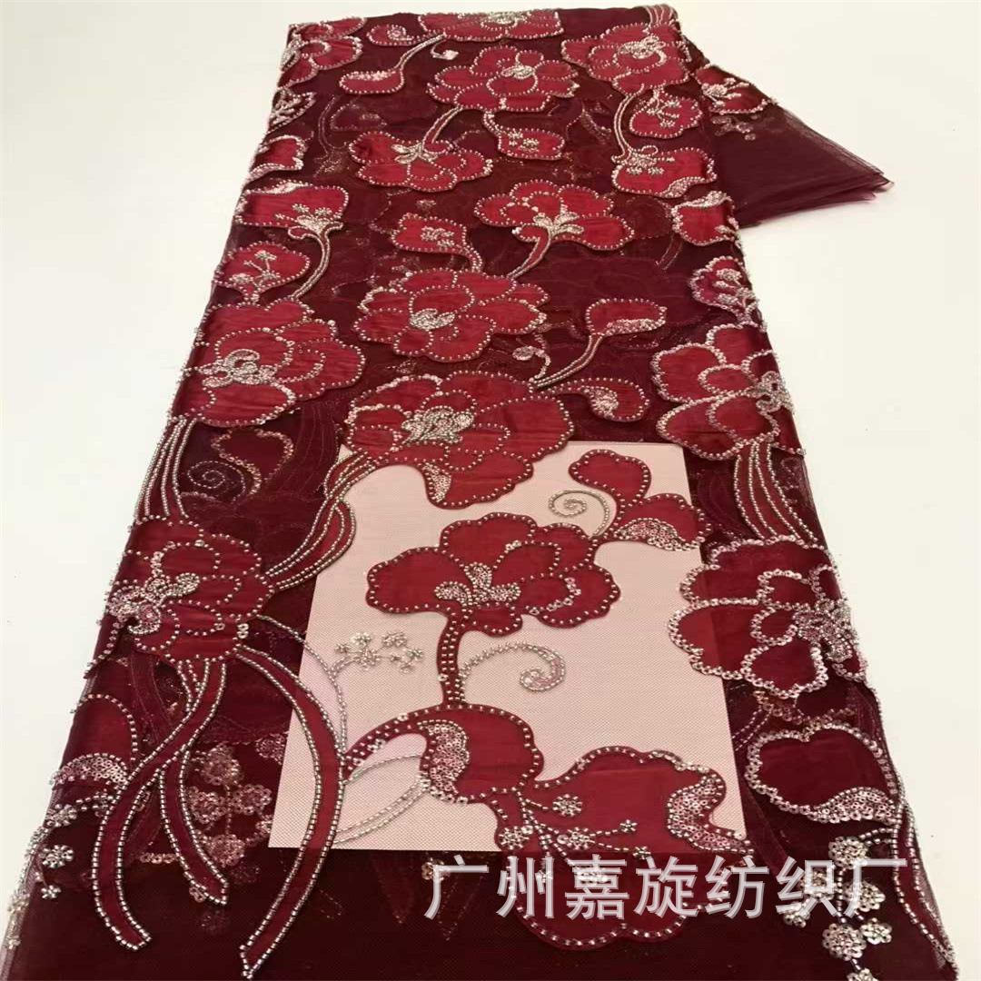 New Mesh Appliqué Sequin Embroidery Fabric Double Bead Heavy Craft Embroidery Dress Stage Costume Cheongsam Skirt Fabric