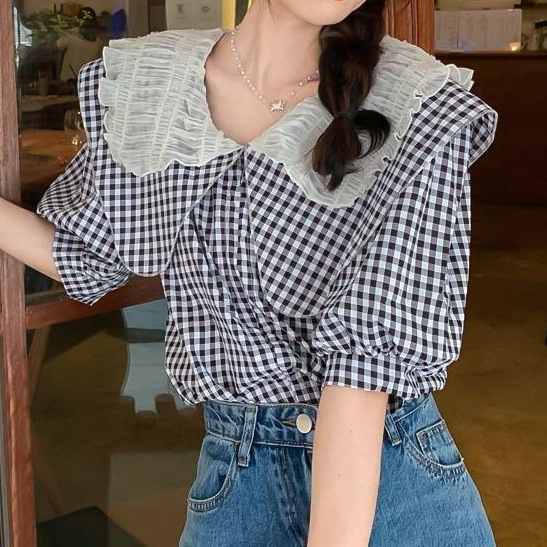 Han Feng chic French Puff Sleeve Short Sleeve Shirt Women's Spring and Autumn Small Design Sense Doll Collar Sense Top
