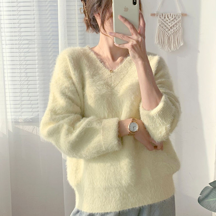 Picture of Mink Hair Imitation Mink Cashmere Sweater Women's Autumn and Winter Thickened Pullover Winter Loose Lazy Style Mohair V-Neck Top