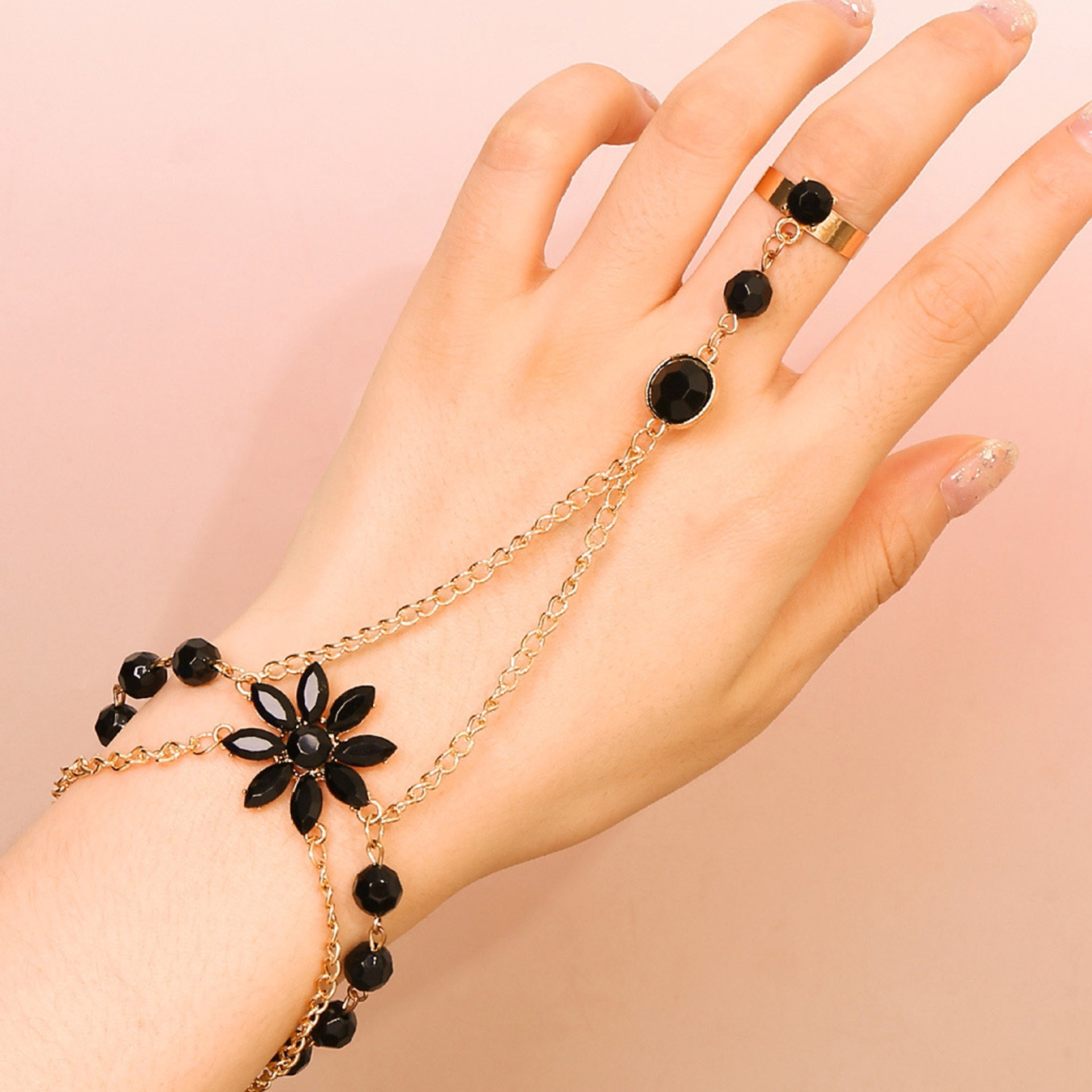 European and American Cross-border Hot Sale Light Luxury All-match Black Zircon Flower Toe Bracelet Women's High-end Design All-match Elegant