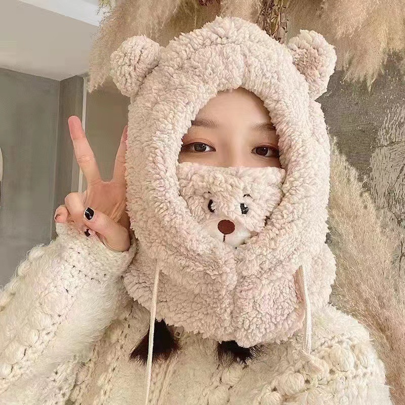Picture of Autumn and Winter Little Bear Four-Piece Set of Cotton Fleece Cute Neck Warmers, Cycling Gloves, Ear Guards, Hat Scarf, One-Piece Plush