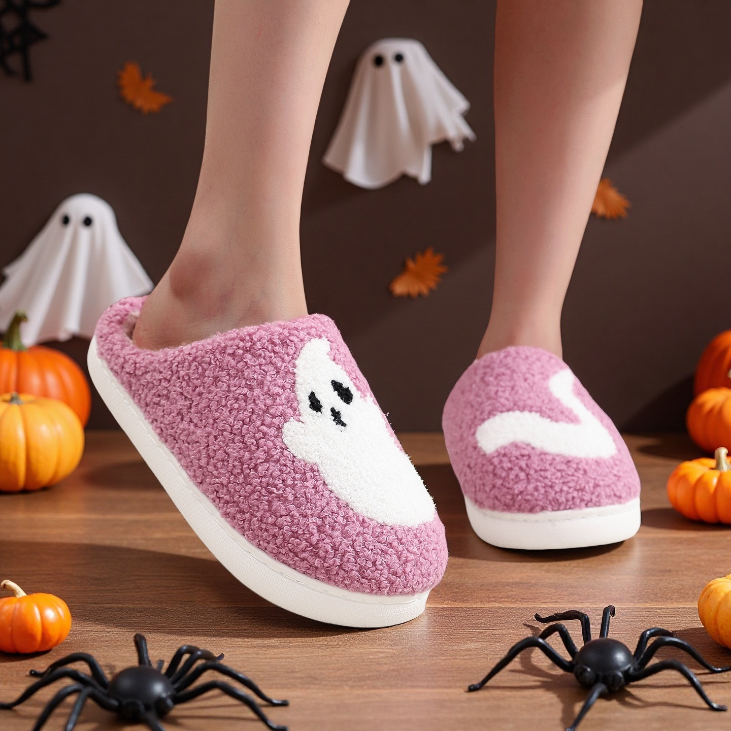 Foreign Trade Halloween Horror Purple Ghost Cute Cotton Slippers for Women Autumn and Winter Wool Slippers Home Party Non-Slip Thick
