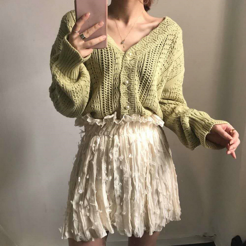 South Korea chic retro hollow-out lazy style knitted cardigan sweater Women's Spring and Autumn New crocheted V-neck wool coat