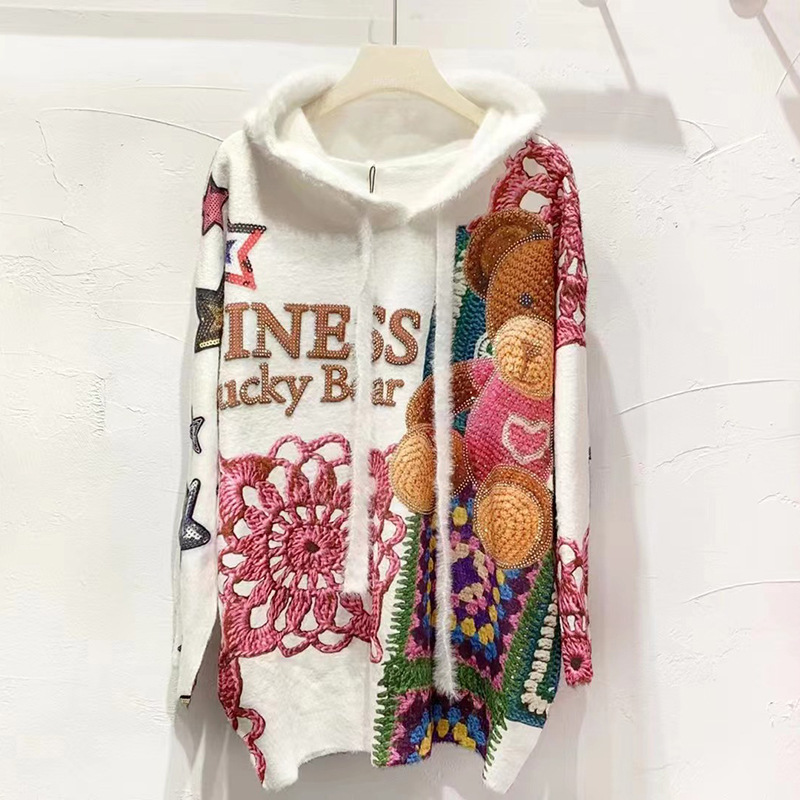 2023 new autumn and winter imitation mink cashmere sweater women's long sleeve embroidered bear rhinestone fleece-lined plus size warm American top