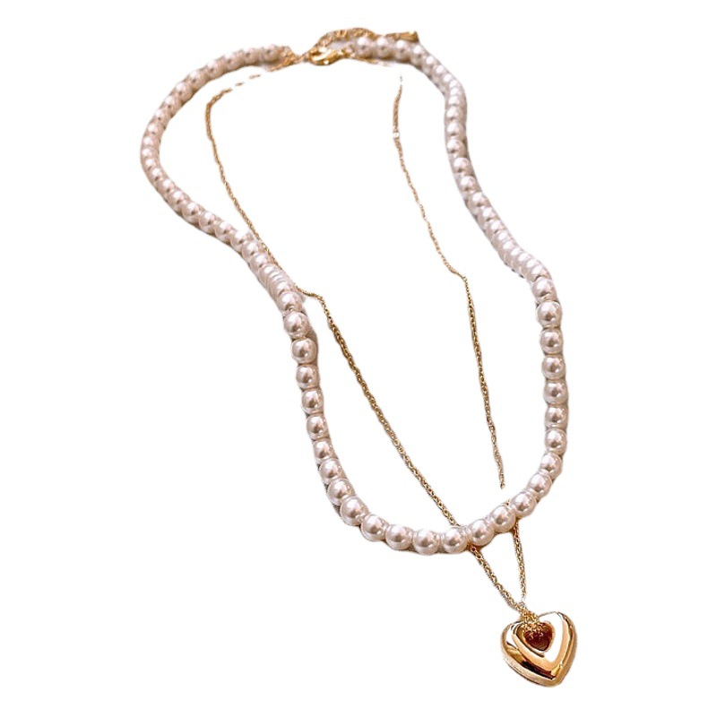 Double Layer Imitation Pearl Heart Necklace Women's Pendant Love Pendant Clavicle Chain Shake Tone Hot Elegant Cyber Celebrity Neck Chain