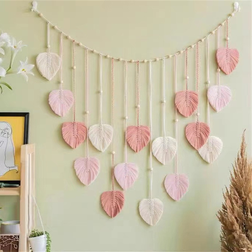 Picture of INS Bohemian Cotton Rope Hand-woven Wooden Beads Leaf Photo Wall Hanging Decorative Tapestries Tassel Wall Hanging