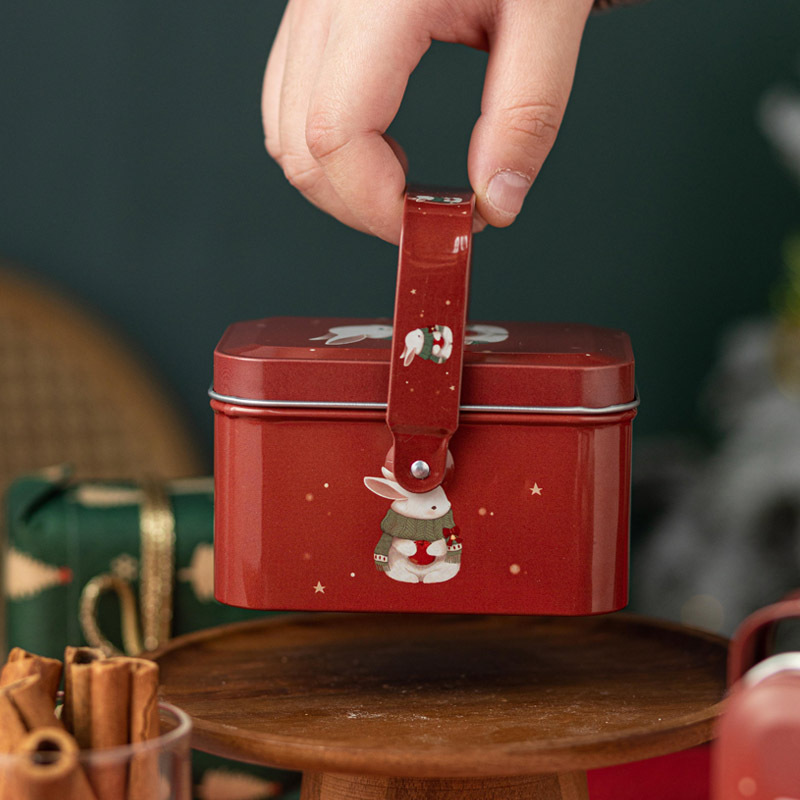Picture of Red Christmas Iron Box Accompanying Gift Exquisite Candy Portable Small Iron Box Cookies Christmas Square Tinplate Empty Box