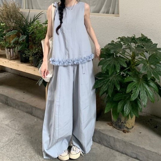 Popular Comfortable Casual Suit for Women Summer 2025 New Sleeveless Vest Top Wide Leg Pants Two-Piece Set Trendy