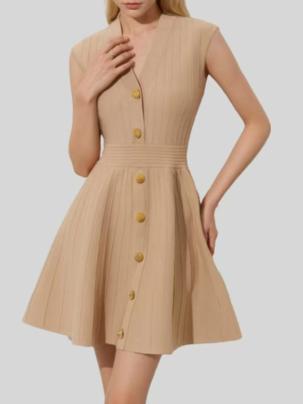 Cross-Border Women's Clothing Socialite V Neck Metal Buckle Short New Dress Summer Sleeveless Vest Dress Tight Knitted Skirt