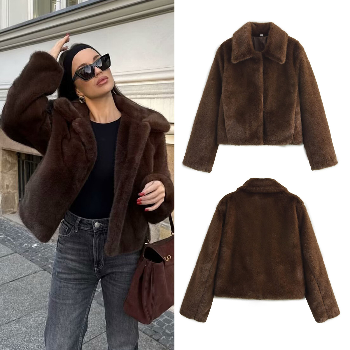 Cross-border Europe and the United States artificial fur effect lapel long sleeve woolen coat 2024 winter fashion new B88792