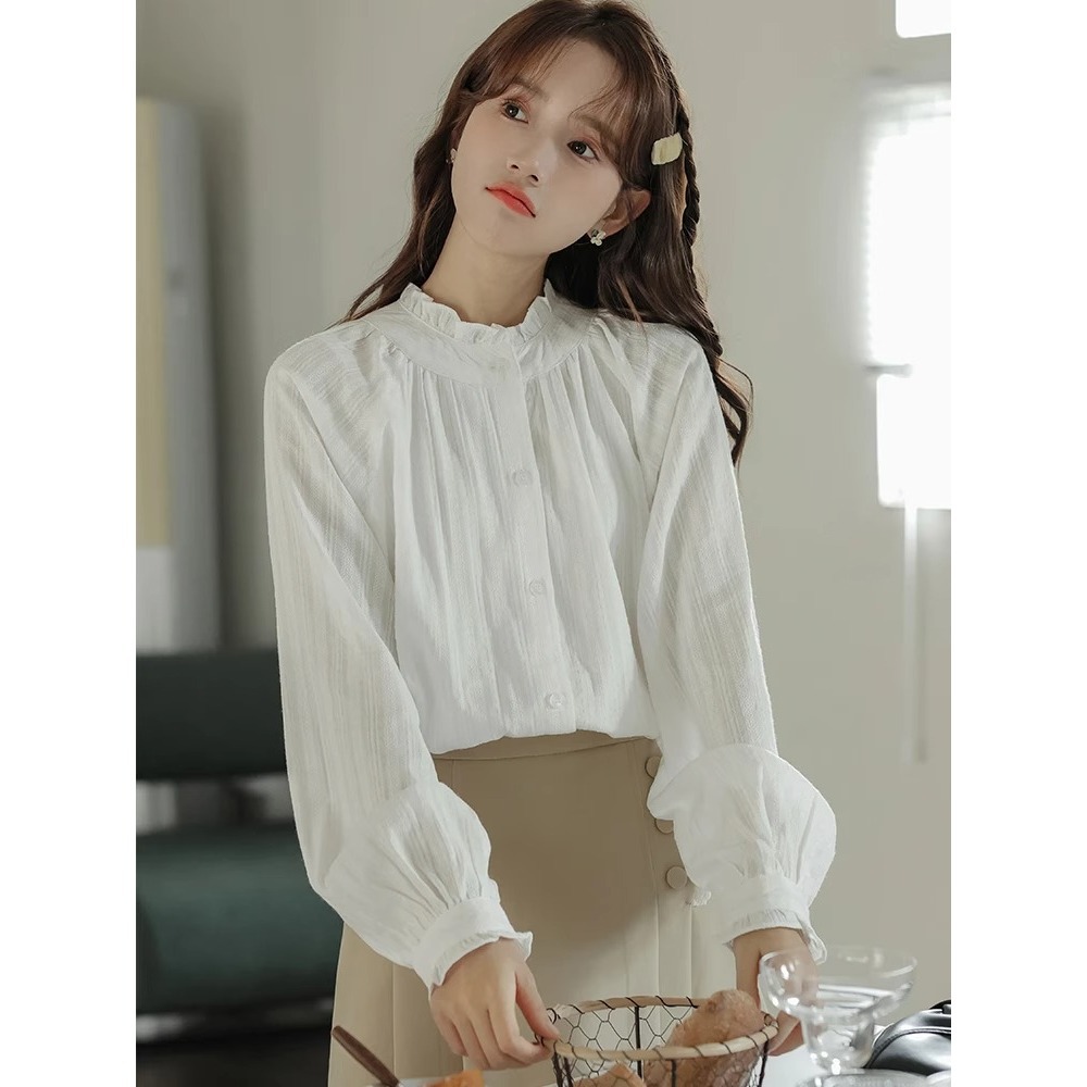 Ruffled White Shirt for Women with Unique Design, 2025 Spring and Autumn New Loose Sweet Top A2888