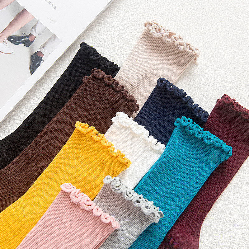 Autumn and winter new solid color cotton agaric lace ladies multi-color pile socks vertical strip tube women's socks wholesale