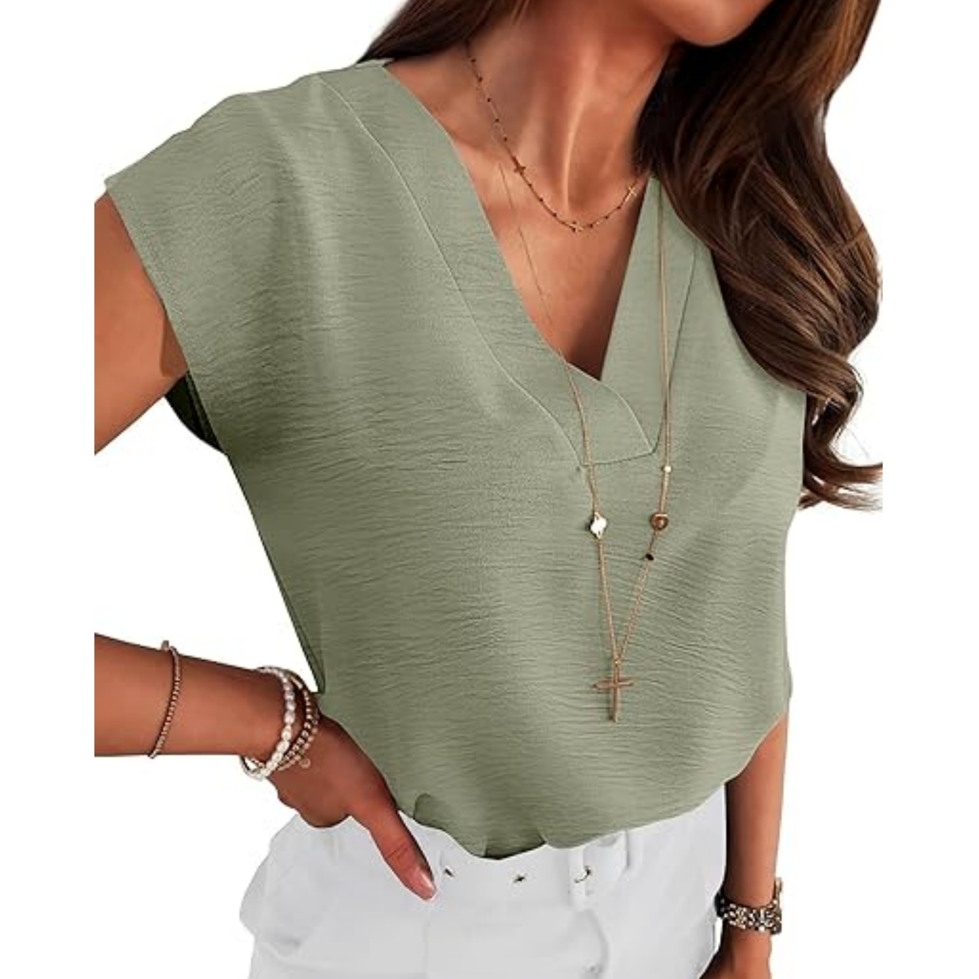 Picture of Cross-Border Export Amazon Independent Station 2025 Women's European and American Elegant Shirt V Neck Short-Sleeved Pullover Sleeveless Shirt