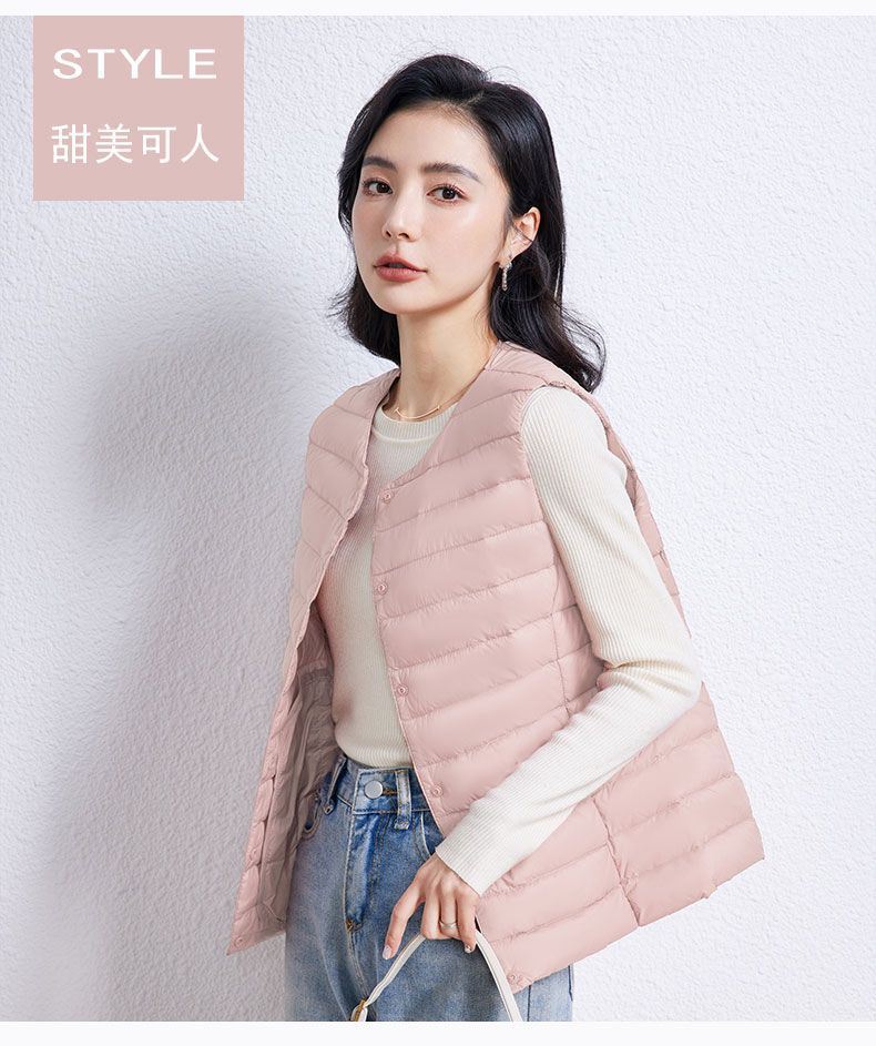 Picture of Autumn and Winter New Lightweight down Jacket Women's Liner Vest Short Round Neck Inner Wear Collarless Lightweight Bottoming Pure Color Vest