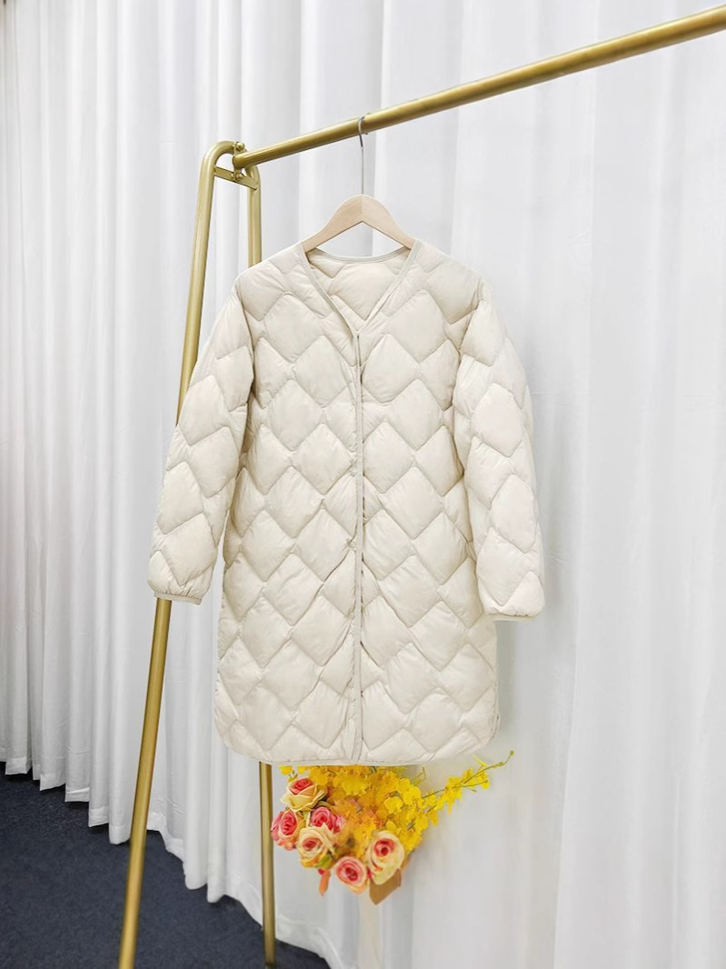 Cross-border TikTok autumn and winter new lightweight down jacket women's long V-neck long Korean collarless liner coat