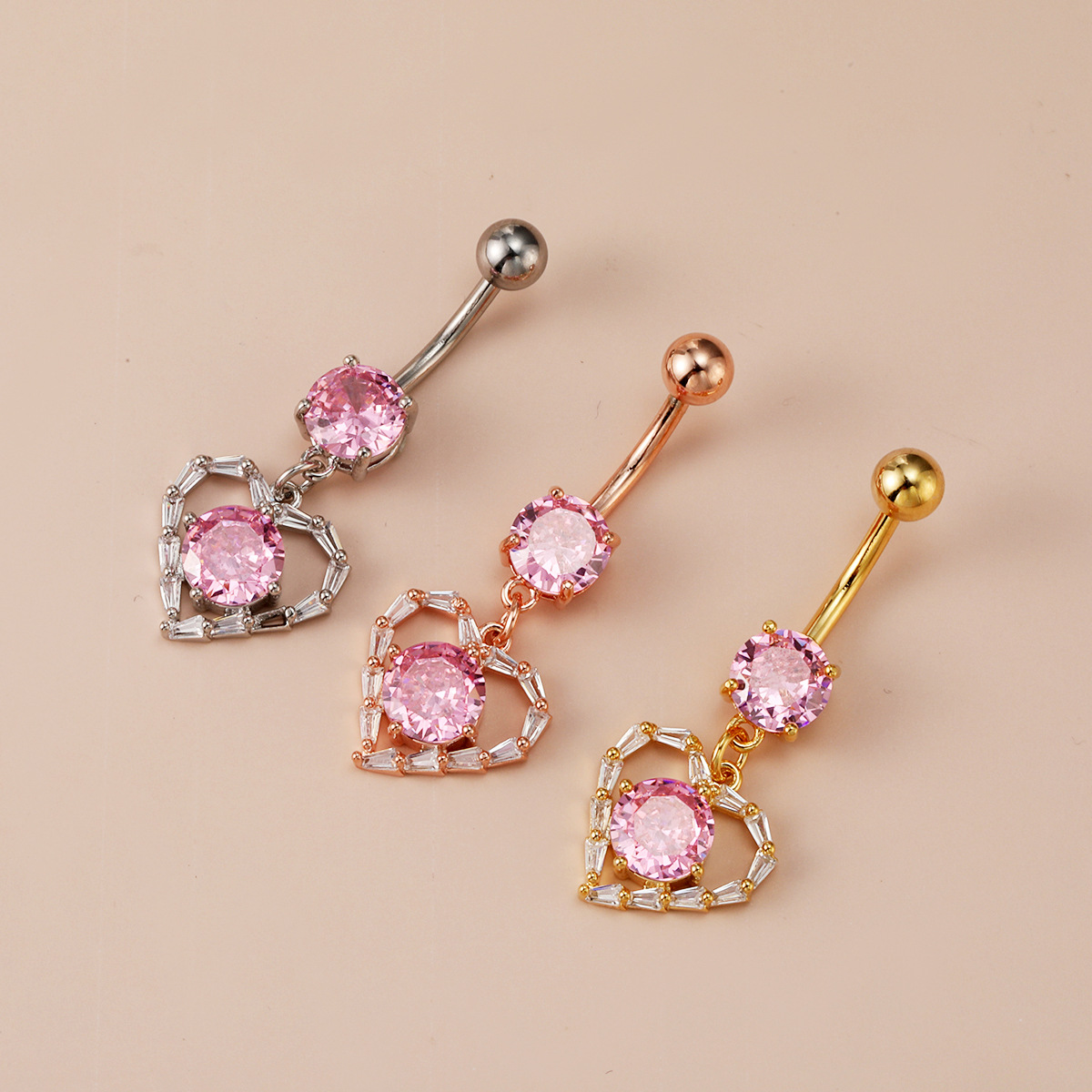 in stock Hot Sale Human Body Piercing Jewelry Navel Ring Love Pink Diamond Navel Nail Heart Shape Fashion Personalized Navel Buckle