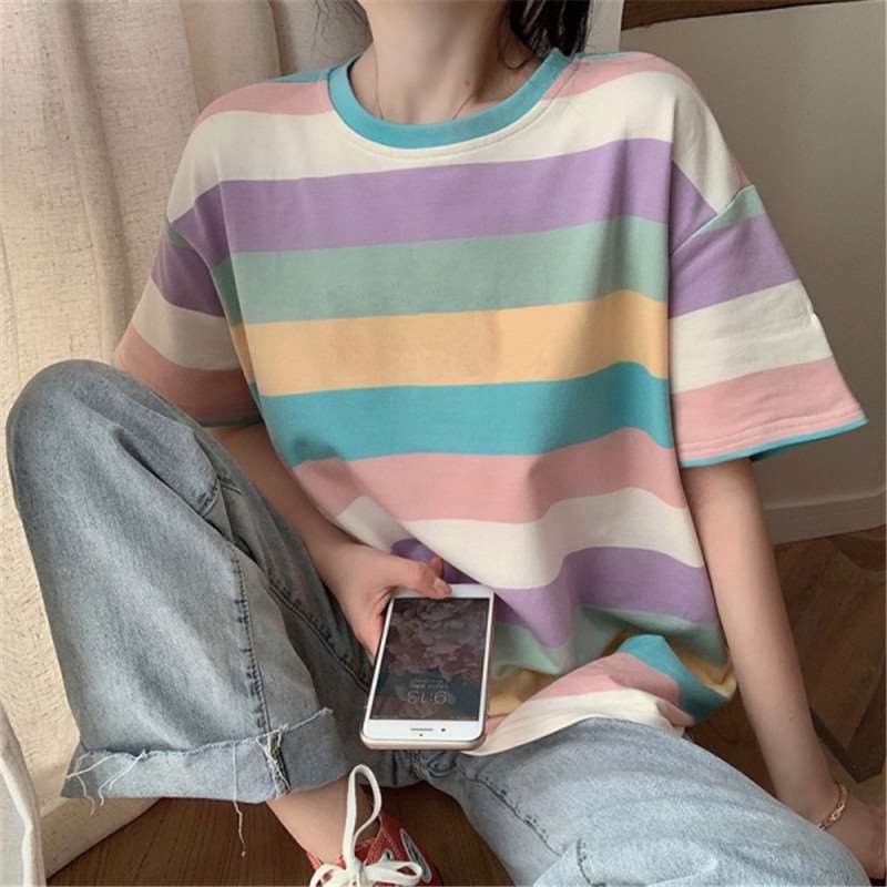 Summer New Korean-style Rainbow Stripe Short-sleeved Casual All-match Loose Student Round Neck Large Size T-shirt Women's Top